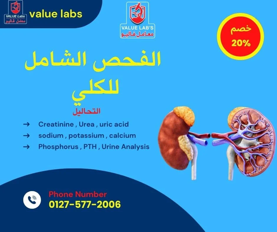 عرض باقة الفحص الشامل للكلى من معامل فاليو، يتضمن تحاليل وظائف الكلى والأملاح والهرمونات وتحليل البول مع خصم 20%