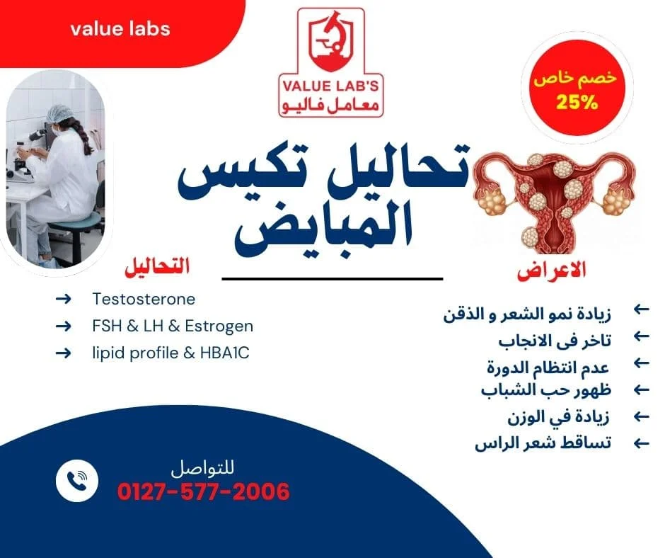 تصميم باقة تحاليل تكيس المبايض من معامل فاليو، يوضح أعراض تكيس المبايض والتحاليل المطلوبة مع عرض خصم خاص 25%